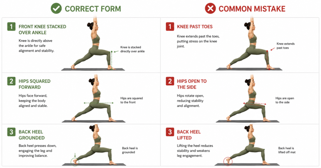 Side-by-side comparison grid showing correct and incorrect Warrior Pose 1 alignment — knee tracking, hip squaring, back heel grounding, and shoulder position.