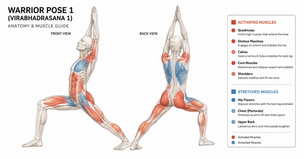Anatomical diagram of Warrior Pose 1 showing highlighted muscle groups — quadriceps, glutes, hip flexors, core, shoulders, and chest — activated during Virabhadrasana 1
